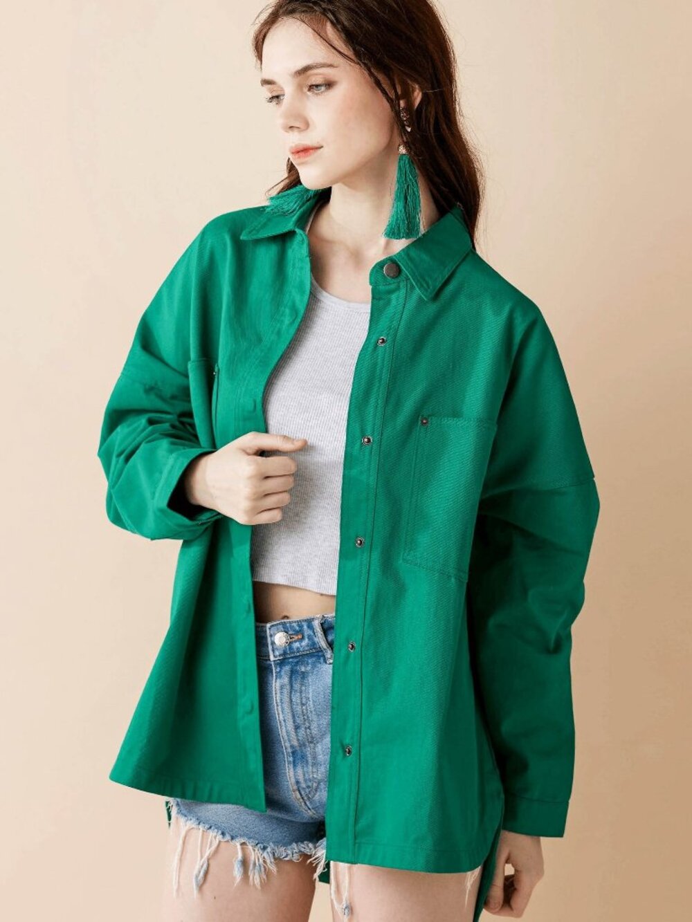 B46 Oversized Denim Twill Shirt Jacket in Green